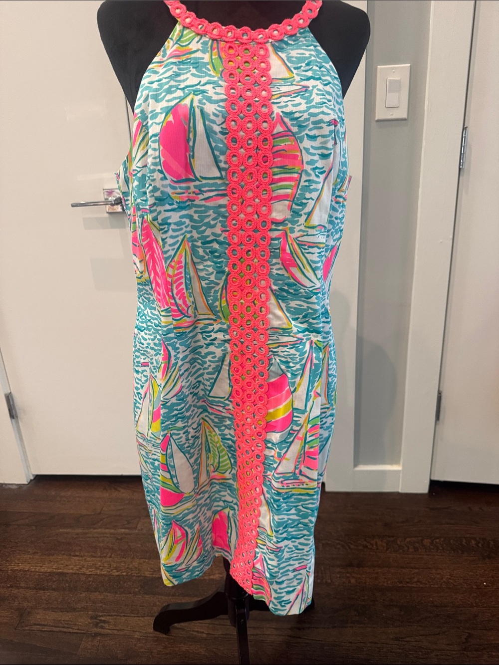 Lilly Pulitzer Sailboat Print Halter Dress with Neon Pink Trim